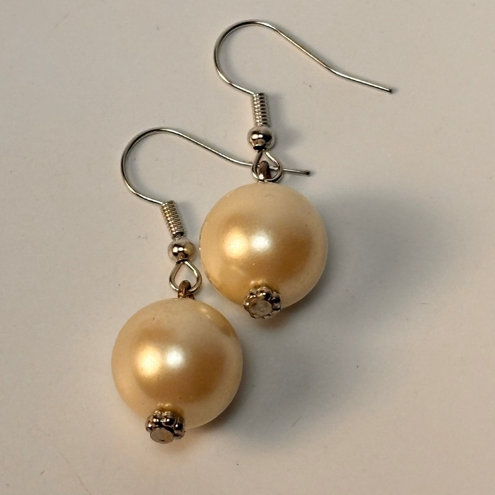 Drop Earrings Cream Faux Pearl Silver Tone Fishhook Coquette Classic